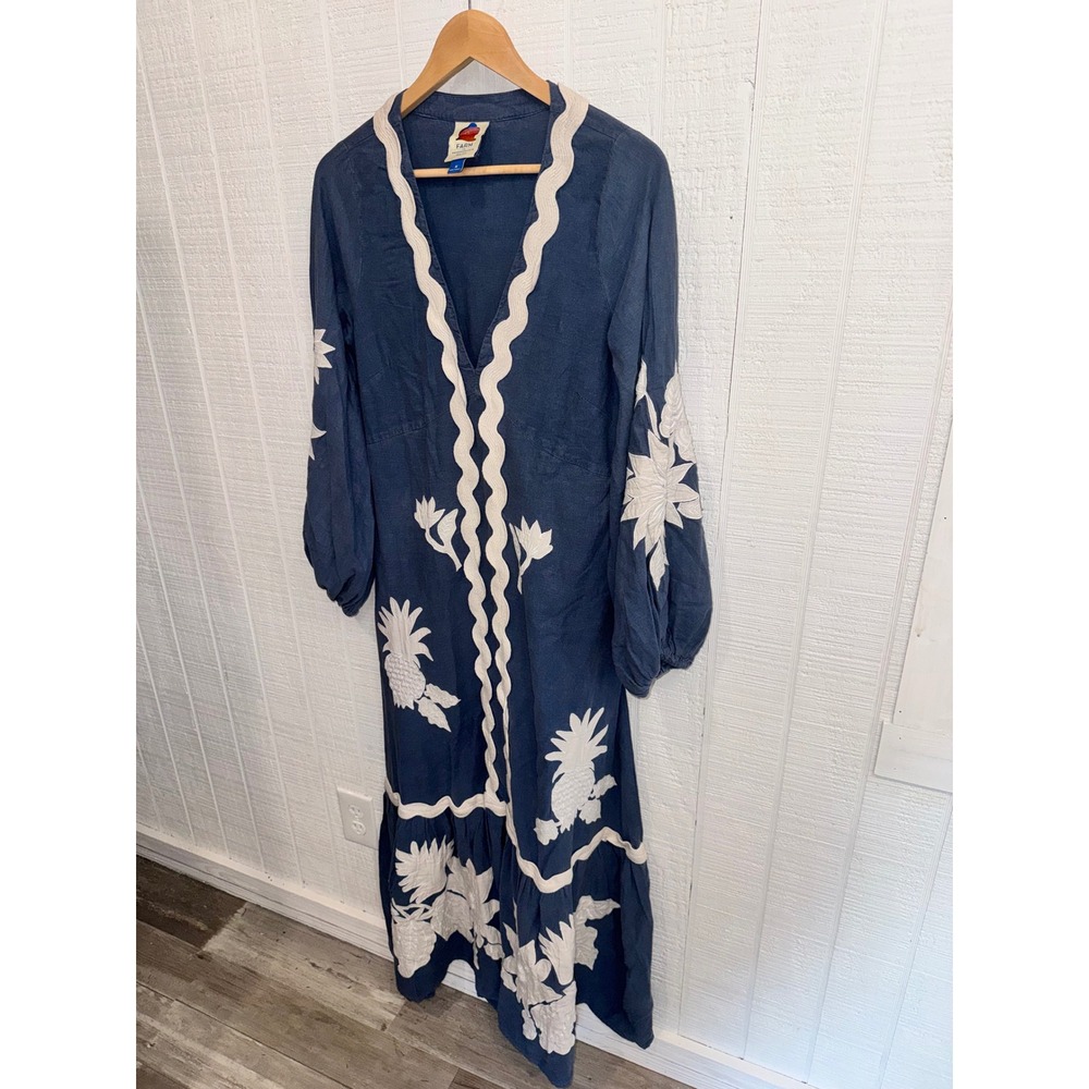 Farm Rio Maxi Dress Women Blue Embroidered Ric Rac Pineapple Size M - Picture 2 of 9